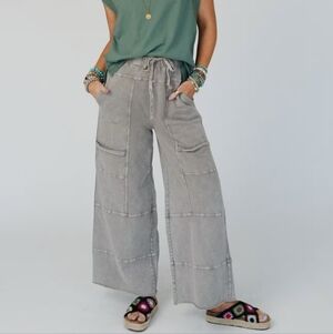 Three Bird Nest Easel Lucky one wide leg boho pants Gray Olive NEW S
